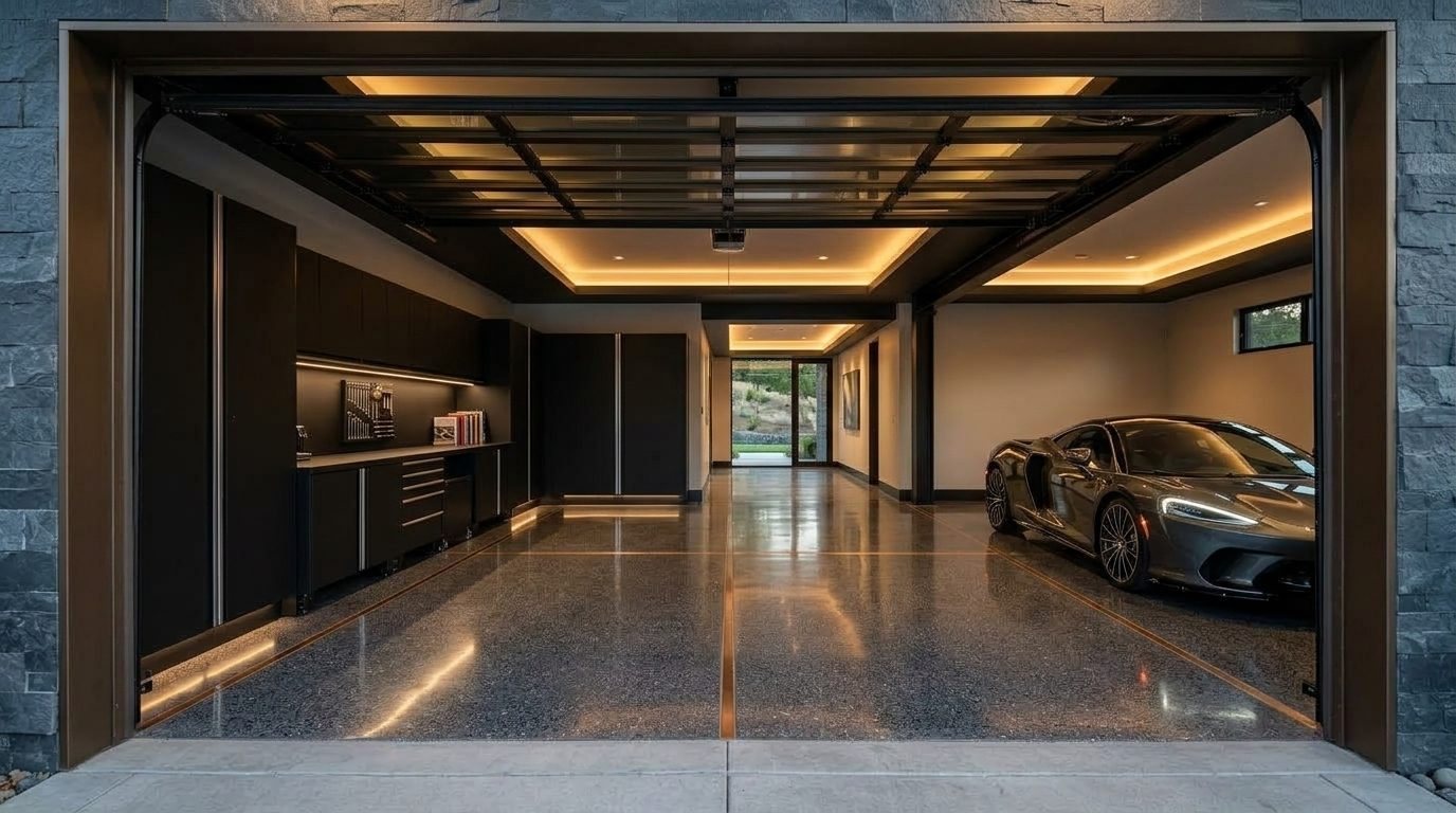 Nora Garage Door Service Interior View of Custom Garage Door Overhead and Workshop